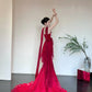 Rot Elegant Zarte Blumen Mode Elegante Lange Satin Tüll Meerjungfrau Slim Fit Bodenlangen Schleppendes Ballkleid Abendkleid Ballkleid gh3733