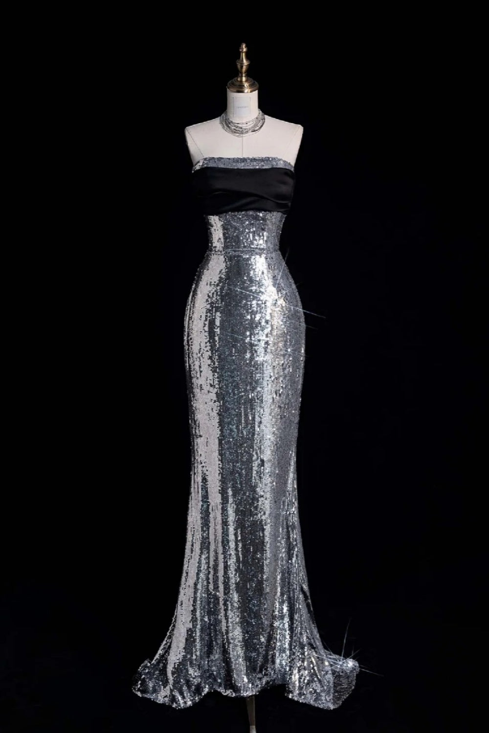Robe de soirée longue sirène bustier à sequins dégradés argent-noir gh6753