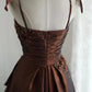 Brown retro palace puff short homecoming dress princess dress taffeta satin handmade beading adult ceremony birthday party gh4374