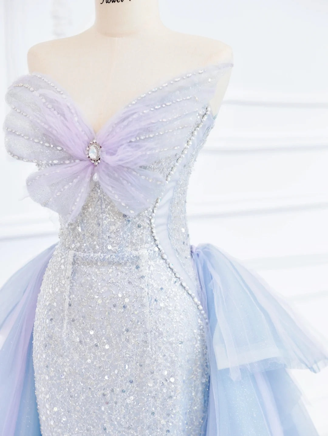 🦋Blauer Schmetterling, wunderschön glänzend, elegant, mit Pailletten besetzt, langes Meerjungfrau-Ballkleid aus Tüll, gh4272