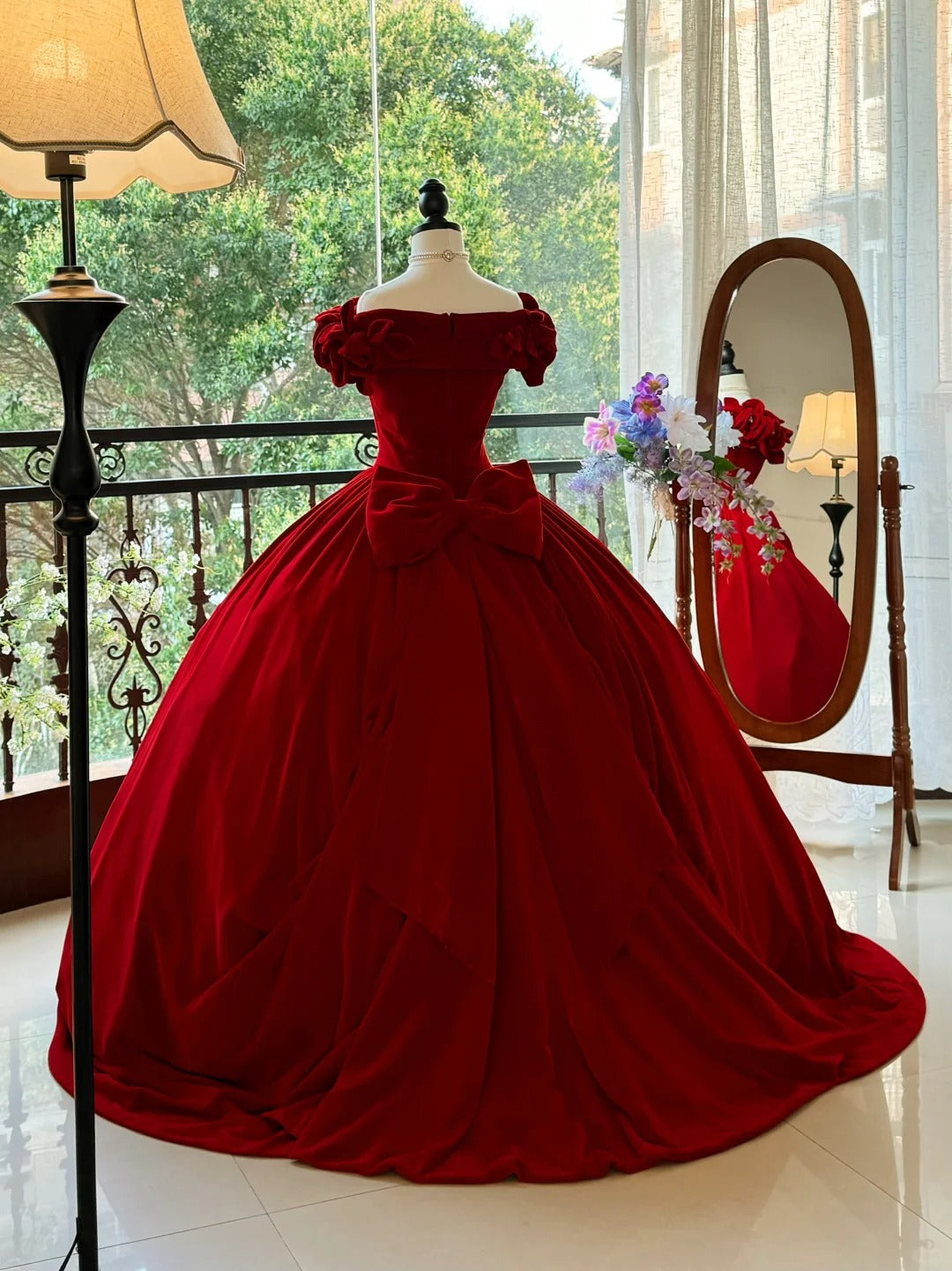 Girlhomeshops - Burgunderrot, elegant, Retro, lang, Samt, Quinceanera-Kleid, Ballkleid, Abschlussballkleid, Prinzessinnenkleid, gh5005