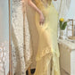 Robe de soirée longue en mousseline de soie, élégante et perlée, jaune, gh4467