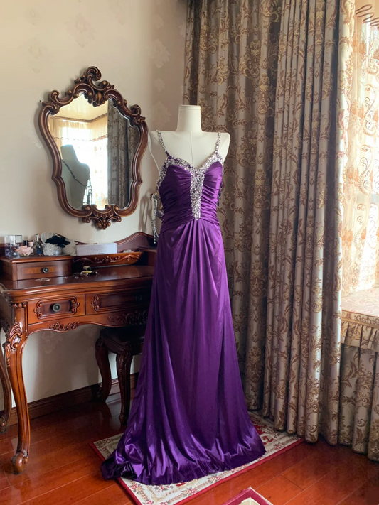 Purple Spaghetti Strap Waist-Cinched Sexy Long Prom Gown, Evening Formal Dress gh7238