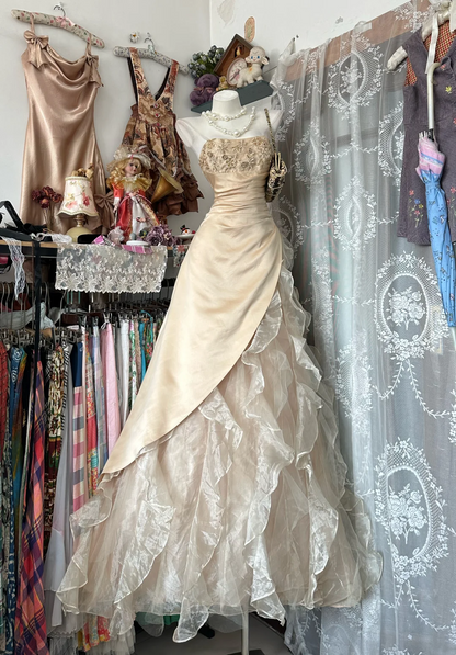 Light champagne-colored strapless, fitted waist, A-line skirt ball gown, evening ball dress gh7194