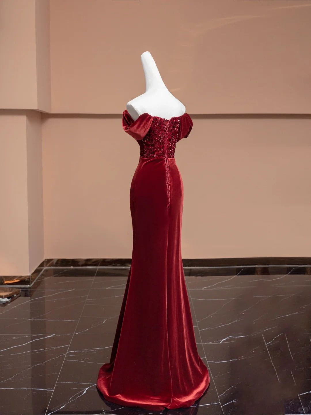 Robe de soirée élégante en velours bordeaux, longue, style sirène, coupe slim, avec perles, gh4877