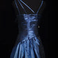 girlhomeshops-Navy Blue Satin Spaghetti Straps Floor-Length Sequin Beaded Big Bow Evening Gown gh6305