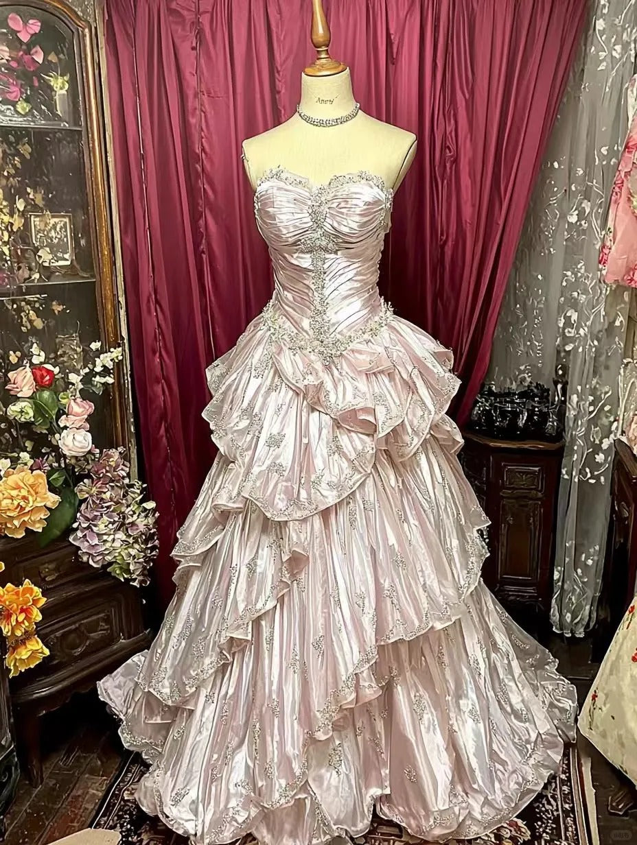 Rosa Mode Vintage Elegante Exquisite Perlen Süße Elegante Lange Layered Tüll Bodenlangen Ballkleid Abendkleid Brautkleid gh4159