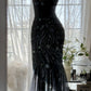 Schwarzes, glänzendes, luxuriöses, wunderschönes, exquisites, perlenbesetztes, langes Meerjungfrauenkleid aus Chiffon, Feenballkleid, Abendkleid, Hochzeitsgast, Partykleid, Ballkleid, Verabredungskleid, Abschlussballkleid, gh3992