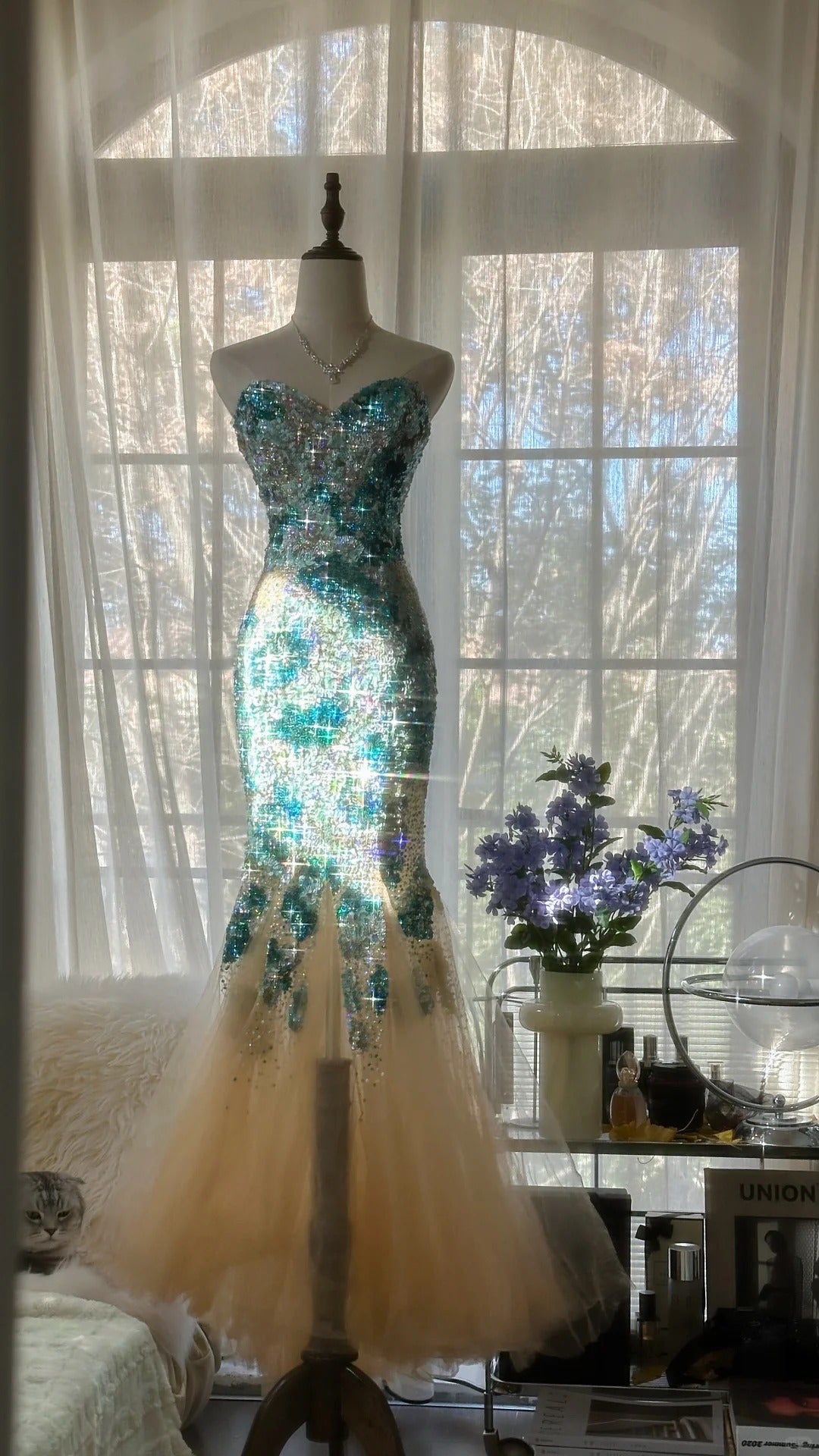 Blaues, wunderschönes, glänzendes, exquisites, perlenbesetztes, langes Chiffon-Tüll-Pailletten-Ballkleid, Abendkleid, Partykleid, Geburtstagskleid, Verabredungskleid, gh4162
