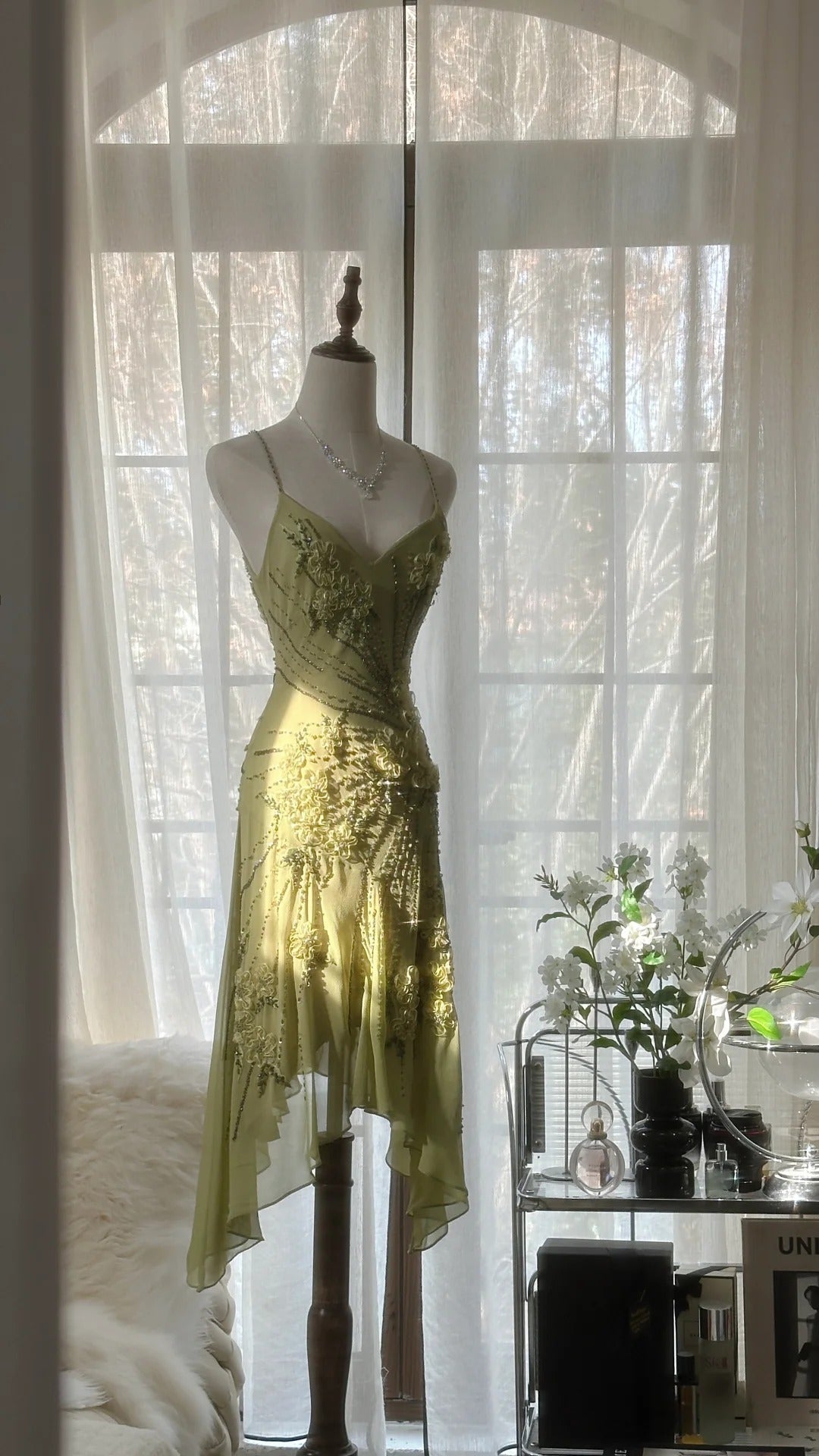 Grün Romantisch Mode Elegant Zarte Blumenapplikation Perlen Spaghettiträger Midi/Kurz Chiffon Rüschen Ballkleid Abendkleid Partykleid gh4060