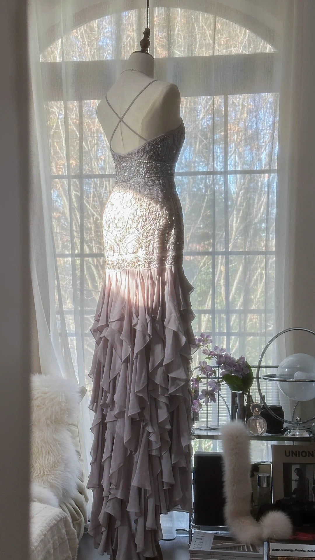 Lila Romantisches Wunderschönes Exquisites Elegantes Perlenbesetztes Spitzen-Lang-Chiffon-Abendkleid Ballkleid Ballkleid Geburtstags-Ferien-Partykleid gh4046