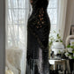 Robe de soirée longue en mousseline de soie noire, style vintage, délicate, à fleurs, avec pompons et perles, pour fête d'anniversaire, bal, gh3972