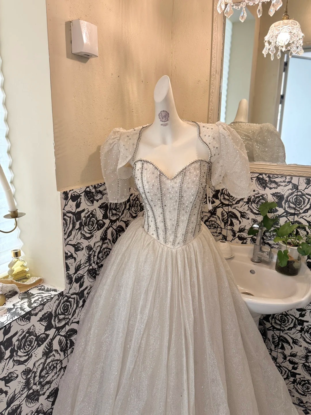 Ivory Shawl with Silver Rhinestones, Waist-Cinched Full Flared Skirt Elegant Romantic Dress, Wedding Gown gh7684