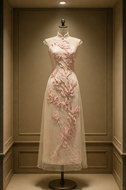 ✨Girlhomeshops-Light Apricot New Chinese Cheongsam, Cap Sleeve Pink 3D Flower Sheer Tulle Midi Dress gh10454