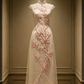 ✨Girlhomeshops-Light Apricot New Chinese Cheongsam, Cap Sleeve Pink 3D Flower Sheer Tulle Midi Dress gh10454