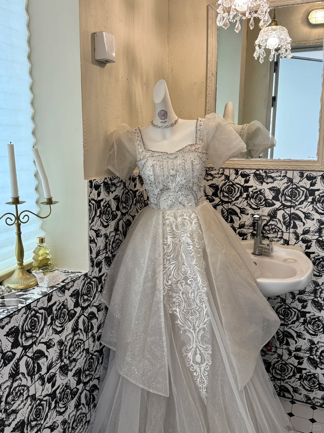 Ivory Puff Sleeve Square Neck Sequin Waist-Cinched Voluminous Skirt Romantic Dress, Wedding Gown gh7595