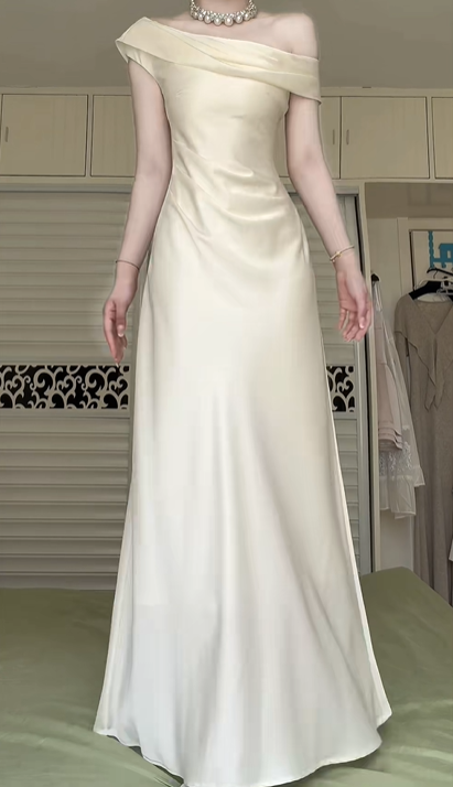 Off‑White Satin One‑Shoulder Fold‑Over Long Evening Gown, Draped Ruched Bodice Mermaid Formal Prom Dress gh9001