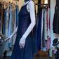 Spaghetti Straps Square Neck Navy Blue Evening Gown Choker Neck Sparkly Mesh A-Line Long Prom Dress gh9697
