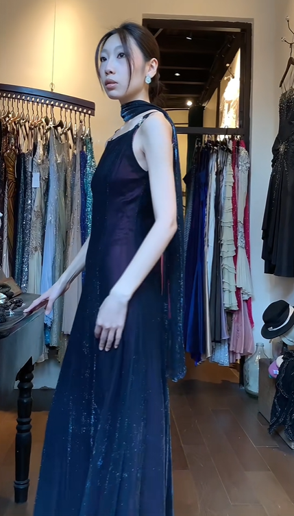 Spaghetti Straps Square Neck Navy Blue Evening Gown Choker Neck Sparkly Mesh A-Line Long Prom Dress gh9697