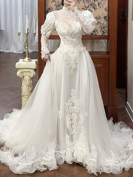 Ivory Vintage Tulle Ball Gown Wedding Prom Dress, Lace High Neck Illusion Sweetheart, Leg‑of‑Mutton Lace 3/4 Sleeves, Pearl Lace Appliqués, Lace Ruffled Long Train gh8691
