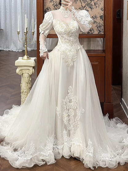Ivory Vintage Tulle Ball Gown Wedding Prom Dress, Lace High Neck Illusion Sweetheart, Leg‑of‑Mutton Lace 3/4 Sleeves, Pearl Lace Appliqués, Lace Ruffled Long Train gh8691