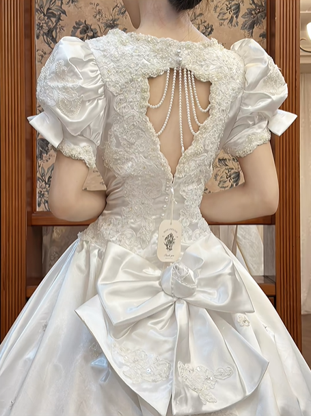 White Vintage Satin Ball Gown Wedding Prom Dress, V‑Neck Puff Sleeves, 3D Flowers Bows, Multi‑Tier Ruffle Cake Hem gh8713