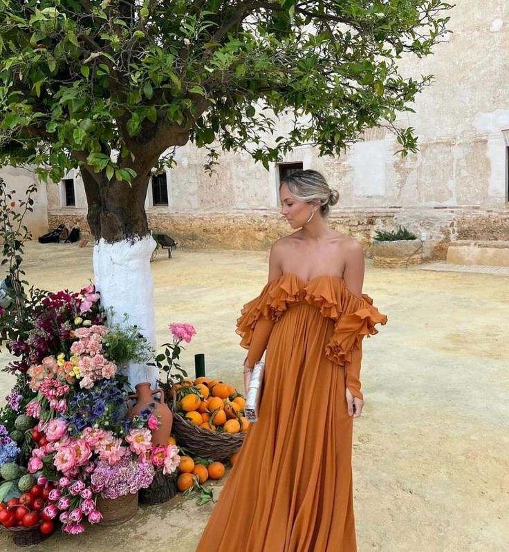 Yellow Brown Elegant Solid Color Fashion Off Shoulder Chic Ruffle Long Evening Dress Party Dress Wedding Guest Dress gh3066