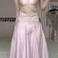 Champagne Pink Two‑Piece Long Prom Gown, Lace Square Neck Long‑Sleeve Top, Satin Bust Cups, Sheer Floral Lace Waist, High‑Waist Shiny Satin Floor‑Length Skirt, Formal Evening Dress gh8930