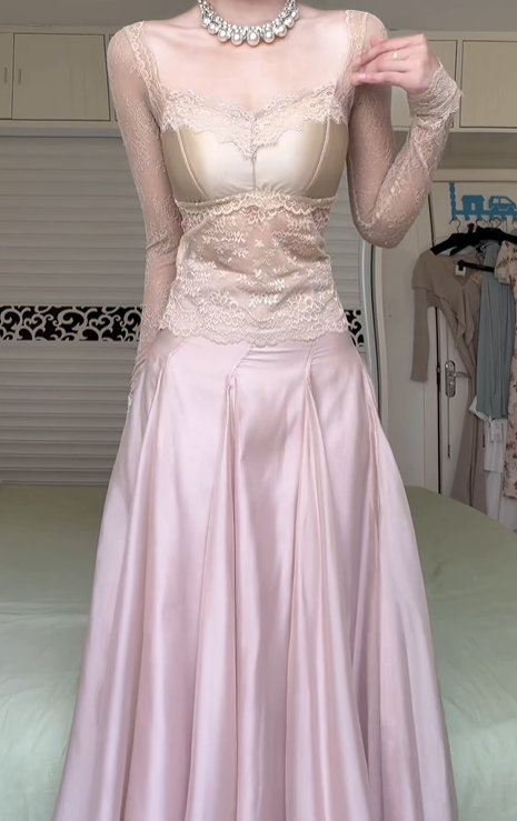 Champagne Pink Two‑Piece Long Prom Gown, Lace Square Neck Long‑Sleeve Top, Satin Bust Cups, Sheer Floral Lace Waist, High‑Waist Shiny Satin Floor‑Length Skirt, Formal Evening Dress gh8930