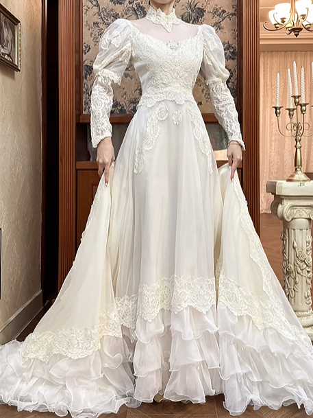 Ivory Vintage Tulle Wedding Prom Dress, Lace High Neck Illusion V‑Neck, Leg‑of‑Mutton Puff Sleeves, Lace Appliqués, Multi‑Tier Ruffle Cake Skirt gh8677