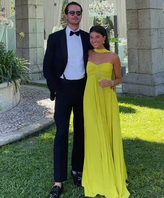 Yellow green fashion simple elegant tube top off shoulder long chiffon ball gown party dress evening dress with scarf Prom Dress gh3662