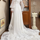 Ivory Vintage Lace Wedding Gown, Mock Neck Illusion Lace Keyhole V‑Neck, Puff Lantern Long Sleeves With Ruffle Cuffs, High Waist Lace Trim Long Train, Tiered Ruffle Flared Skirt, Prom Dress gh8656