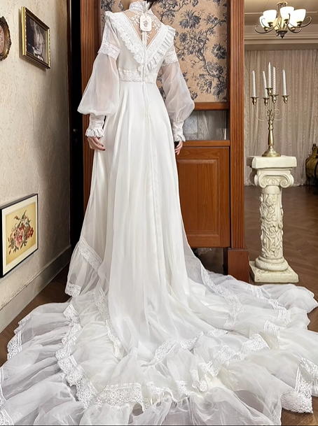 Ivory Vintage Lace Wedding Gown, Mock Neck Illusion Lace Keyhole V‑Neck, Puff Lantern Long Sleeves With Ruffle Cuffs, High Waist Lace Trim Long Train, Tiered Ruffle Flared Skirt, Prom Dress gh8656