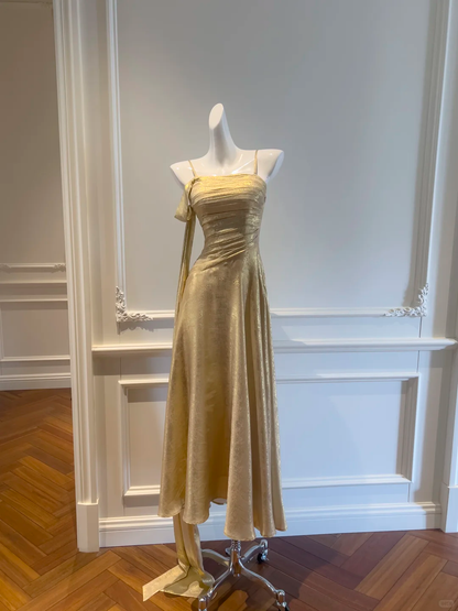 Gold Spaghetti Strap Long Evening Gown, Square Neck Ruched Bodice, Side Bow Sash Detail, High Waist, Draped A‑Line Midi Skirt, Metallic Jacquard Party Prom Dress gh8921