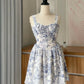 girlhomeshops-- Blue floral elegant short chiffon homecoming dress for women girls garden party dress blue and white porcelain gh5718