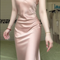 Blush Pink Satin V‑Neck Spaghetti Strap Long Evening Gown, Mermaid Skirt With Side Slit Formal Prom Dress gh9006