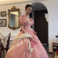 Vintage Pink Puff Sleeve Fitted Waist Princess Flared Skirt Prom & Evening Party Dress gh8498