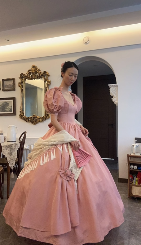Vintage Pink Puff Sleeve Fitted Waist Princess Flared Skirt Prom & Evening Party Dress gh8498
