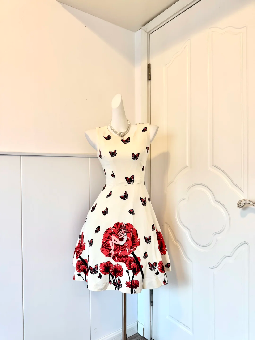 White Art Print Homecoming Dress Sleeveless Round Neck A-Line Cocktail Party Gown gh9378