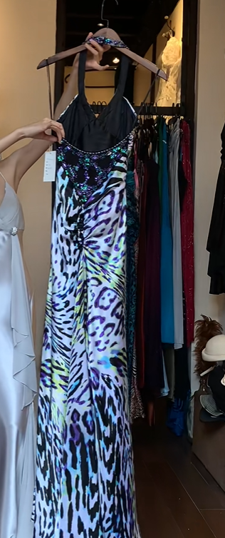 Colorful Leopard Print Halter V Neck Hand Beaded Rhinestone Long Straight Evening Prom Dress gh9756