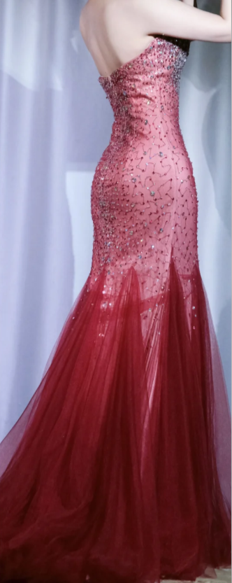 ✨Girlhomeshops-Burgundy Mermaid Prom Dress Spaghetti Strap Rhinestone Beaded Tulle Evening Gown gh9971