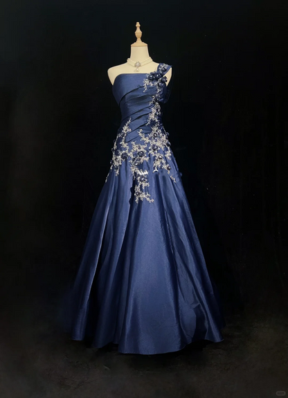 One Shoulder Navy Blue Satin Prom Dress Ruched Bodice Lace Embroidery 3D Floral Beaded Formal Gown gh9553