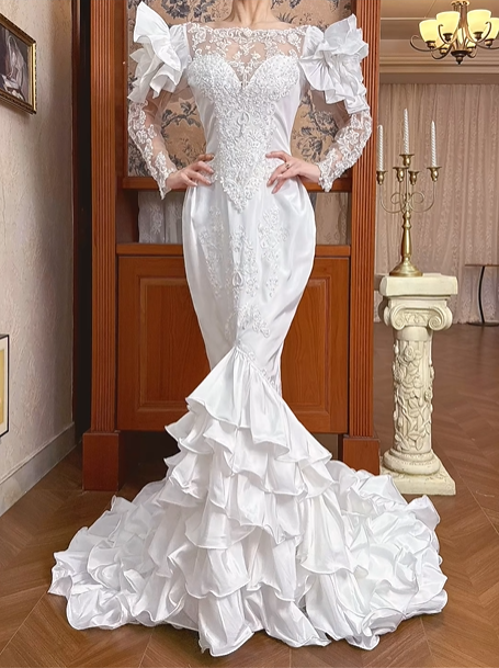 White Vintage Satin Mermaid Wedding Gown, Illusion Boat Neck Lace, Long Lace Sleeves With Large Ruffle Shoulder Accents, Lace Beaded Appliqué, Multi‑Tier Ruffle Mermaid Train, Prom Dress gh8642