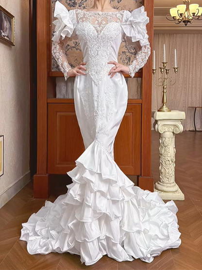 White Vintage Satin Mermaid Wedding Gown, Illusion Boat Neck Lace, Long Lace Sleeves With Large Ruffle Shoulder Accents, Lace Beaded Appliqué, Multi‑Tier Ruffle Mermaid Train, Prom Dress gh8642