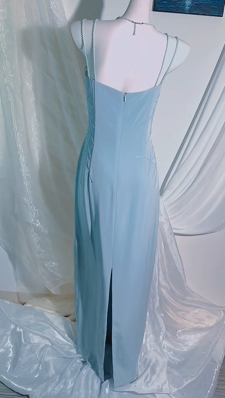 Vintage Elegant Light Blue Spaghetti Strap Long Prom & Evening Party Dress, Fitted Waist Slim Silhouette gh8547