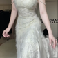 Off‑White Chinese Style Halter Mermaid Evening Gown, Mandarin Collar Lace Panel, Pearl Chain Straps, Sequin Jacquard, Flounce Side Ruffles, Floor‑Length Prom Dress gh8927