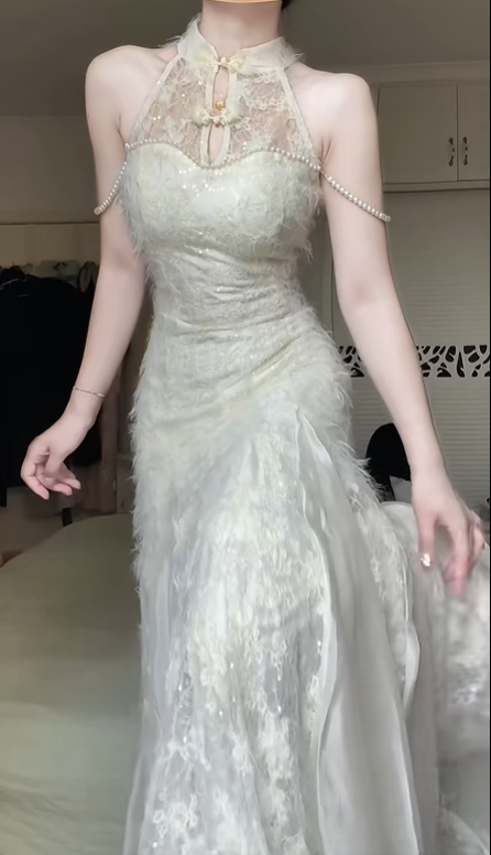 Off‑White Chinese Style Halter Mermaid Evening Gown, Mandarin Collar Lace Panel, Pearl Chain Straps, Sequin Jacquard, Flounce Side Ruffles, Floor‑Length Prom Dress gh8927