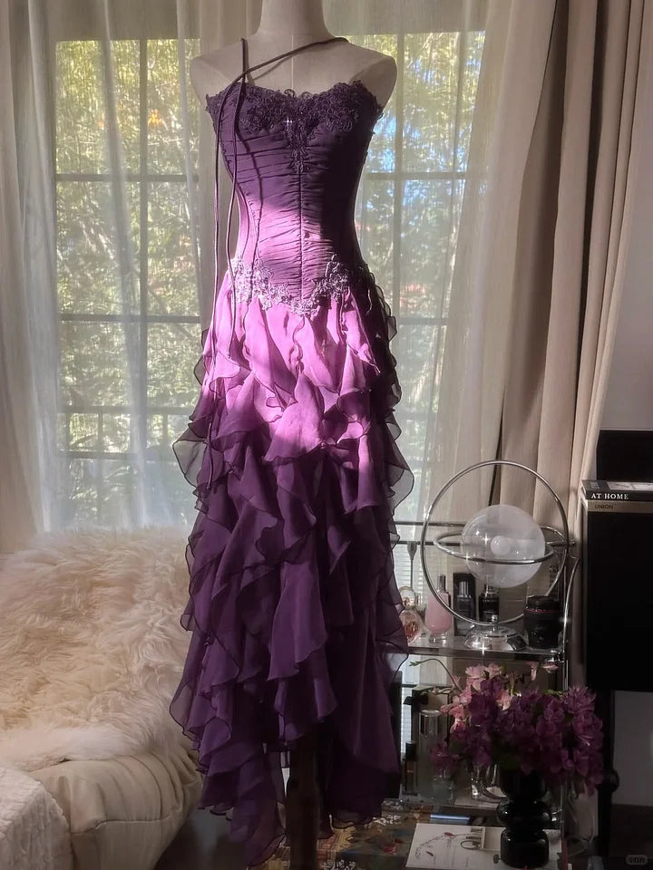 Robe de soirée longue et élégante en mousseline de soie, à volants, violette, romantique, sans manches, pour fête d'anniversaire, gh4270