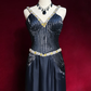 V Neck Navy Blue Long Formal Gown Spaghetti Straps Rhinestone Trim Pleated Bodice for Prom gh9541
