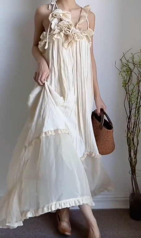 Cream‑Beige Vintage Cottage‑Core Maxi Gown, Halter Tie‑Up Spaghetti Straps, 3D Fabric Rose Floral Appliqués At Neckline, Ruffle Trims, Crinkle‑Textured Loose Bodice,  Bohemian Vacation Photoshoot Elopement Wedding Dress gh8855